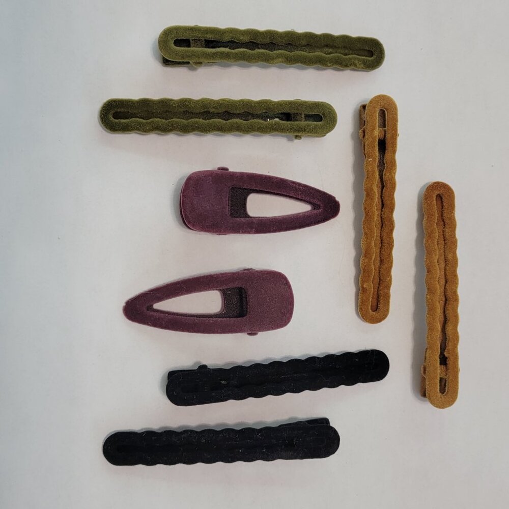 8 Velvet Hair Clips (LIKE NEW) - Mustard / Gold, Black, Army Green, and Purple